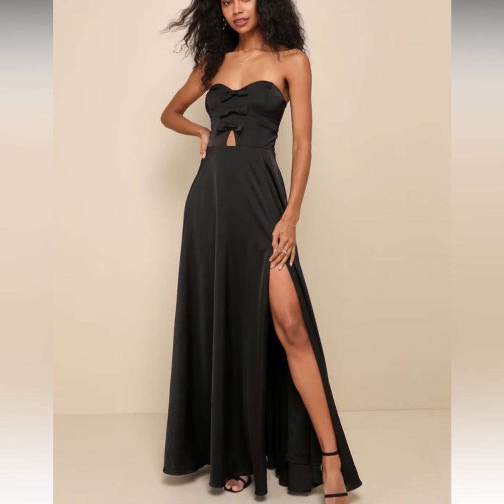 Lulus Upscale Poise Black Satin Bow Strapless Maxi Dress